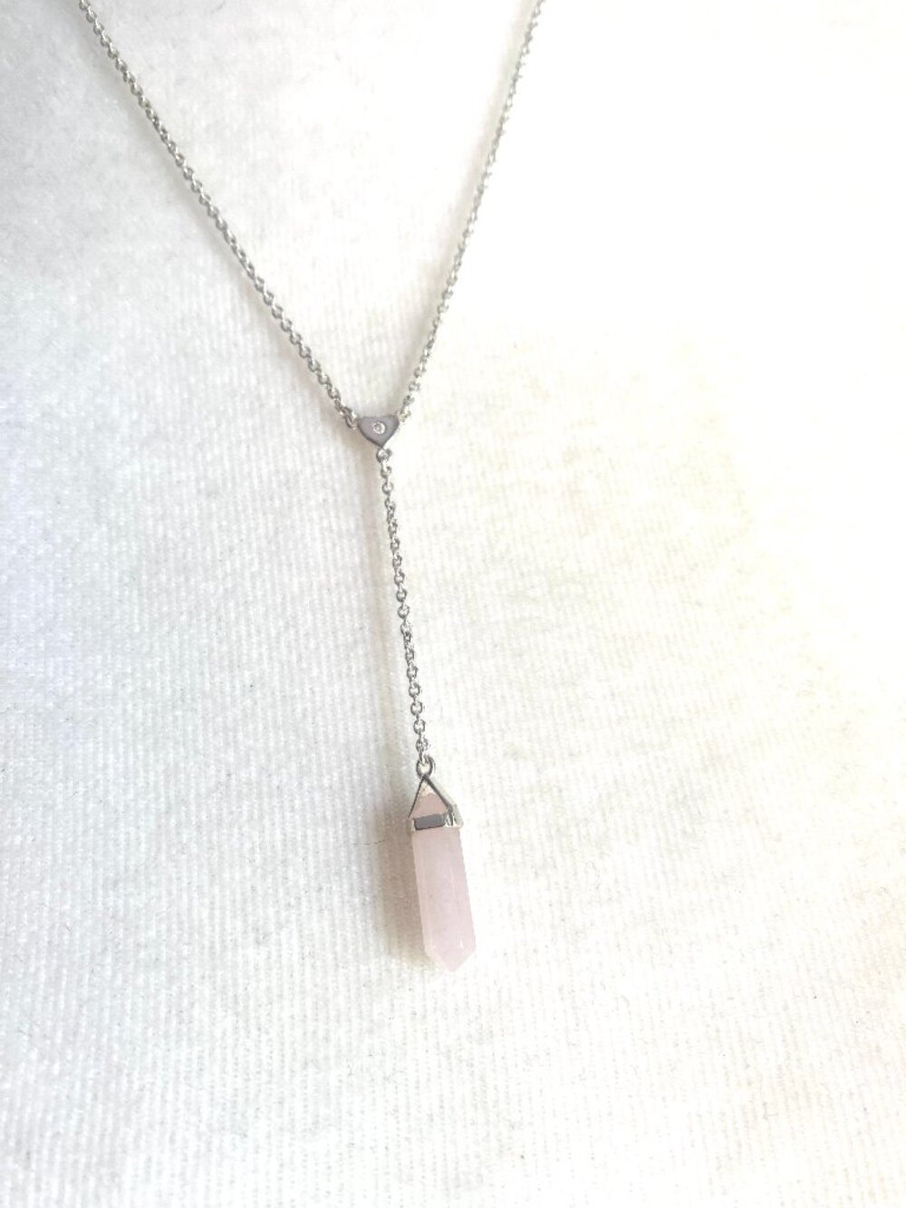 Pink Crystal Silver Tone Tiny Heart Y-necklace